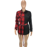Solid Color Plaid Print Stitching Long Sleeve Women Shirt with Belt