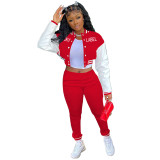 Solid Color Red Letter Offset Printed Baseball Uniform Long Sleeve Jacket Pant Set with Pockets