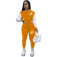 Casual Orange Offset Printed Letter Baseball Uniform Long Sleeve Jacket Set with Pockets