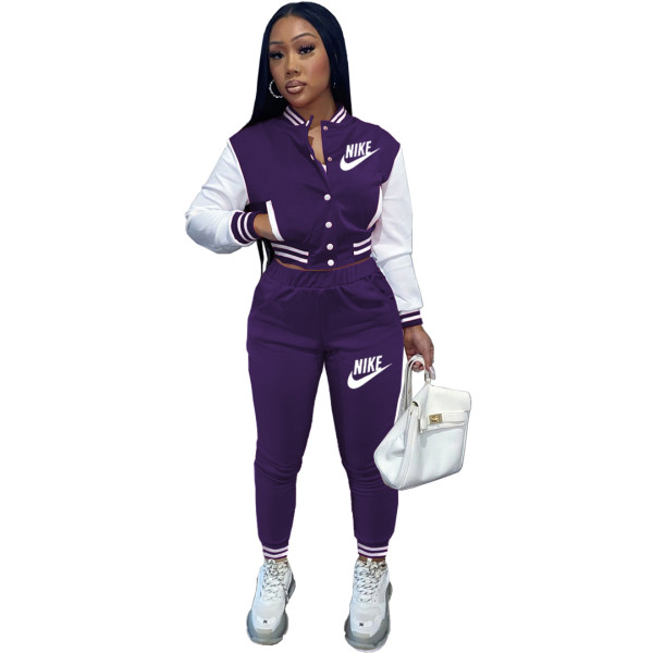 Casual Purple Offset Printed Letter Baseball Uniform Long Sleeve Jacket Set with Pockets