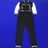 Solid Color Black Letter Offset Printed Baseball Uniform Long Sleeve Jacket Pant Set with Pockets