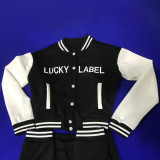 Solid Color Black Letter Offset Printed Baseball Uniform Long Sleeve Jacket Pant Set with Pockets