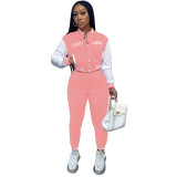 Solid Color Pink Letter Offset Printed Baseball Uniform Long Sleeve Jacket Pant Set with Pockets