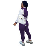 Solid Color Purple Letter Offset Printed Baseball Uniform Long Sleeve Jacket Pant Set with Pockets