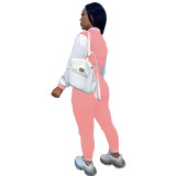 Solid Color Pink Letter Offset Printed Baseball Uniform Long Sleeve Jacket Pant Set with Pockets