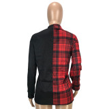 Solid Color Plaid Print Stitching Long Sleeve Women Shirt with Belt
