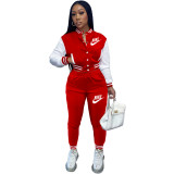 Casual Red Offset Printed Letter Baseball Uniform Long Sleeve Jacket Set with Pockets