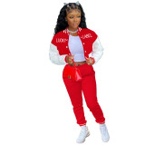 Solid Color Red Letter Offset Printed Baseball Uniform Long Sleeve Jacket Pant Set with Pockets