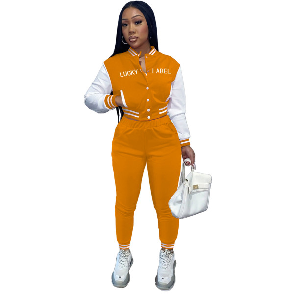 Solid Color Orange Letter Offset Printed Baseball Uniform Long Sleeve Jacket Pant Set with Pockets