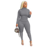 Solid Color Grey Two Piece High Collar Plus Size Set