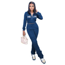 Blue Letter Embroidery Two Piece Sets Long Sleeve High Neck Solid Pants Sets Zip Casual Streetwear Tracksuits