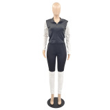 Casual Black Stitching Turn-down Neck Solid Zipper Tracksuits Two Piece Sets