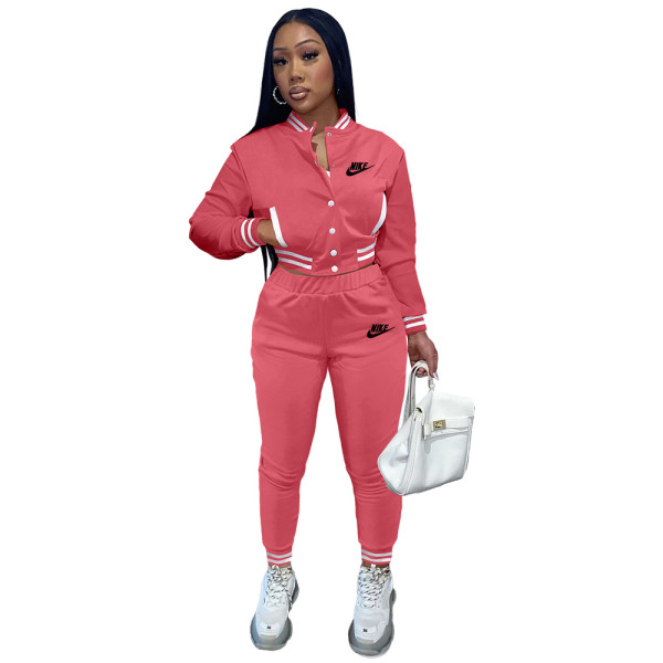 Women's Pink Embroidered Jacket Suits Solid Color Single-breasted Baseball Uniform Two Piece Outfits