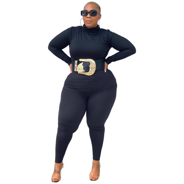 Solid Color Black Two Piece High Collar Plus Size Set