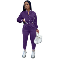 Solid Color Purple Jacket Suits Women's Single-breasted Baseball Uniform Two Piece Outfits