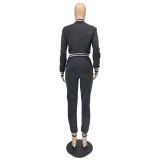 Solid Color Black Jacket Suits Women's Single-breasted Baseball Uniform Two Piece Outfits