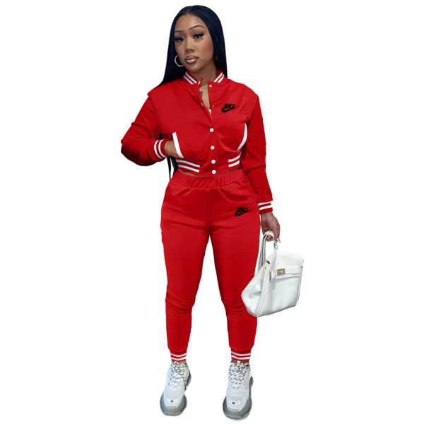 Women's Red Embroidered Jacket Suits Solid Color Single-breasted Baseball Uniform Two Piece Outfits
