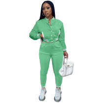 Solid Color Green Jacket Suits Women's Single-breasted Baseball Uniform Two Piece Outfits