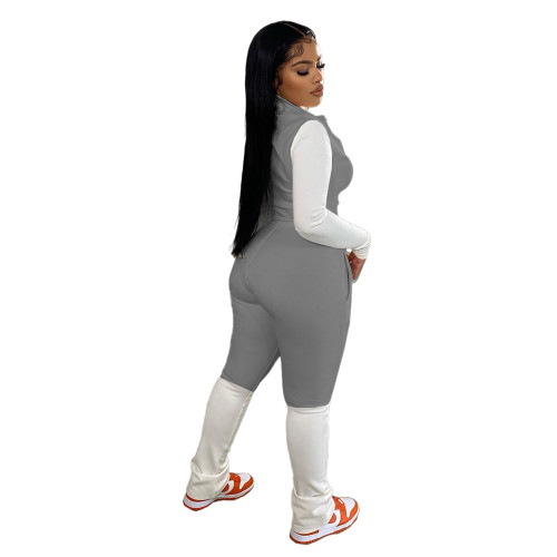 Casual Grey Stitching Turn-down Neck Solid Zipper Tracksuits Two Piece Sets