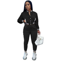 Solid Color Black Jacket Suits Women's Single-breasted Baseball Uniform Two Piece Outfits