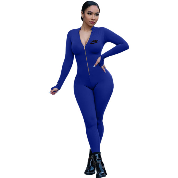 Casual Blue Letter Purography Zipper Sports One Piece Yoga Clothes Jumpsuit