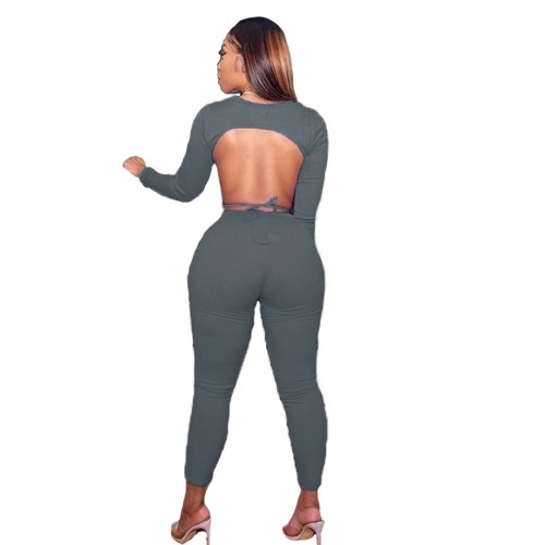 Grey Basic Clothing Backless Cut-out Two Piece Women Pants Set