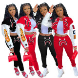 Red Single-breasted Air Layer Shark Letter Printing Color Block Baseball Jacket Suits