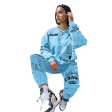 Light Blue Letter Print Streetwear Graphic Tracksuit Womens Sweatshirt Joggers Matching Set