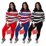 Red Trendy Women Stripes Letter Printed Tommv Casual O Neck Tops Long Casual Jumpsuit 2pcs