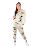 Beige Letter Print Streetwear Graphic Tracksuit Womens Sweatshirt Joggers Matching Set