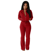Solid Color Red High Neck Zipper Flares Jogger Suit