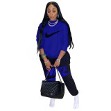 Casual Blue Famous Brands Women Offset Printing Sportswear Ladies 2 Piece Set