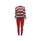 Red Trendy Women Stripes Letter Printed Tommv Casual O Neck Tops Long Casual Jumpsuit 2pcs