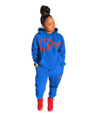 Casual Blue Air Layer Letter Print Drawstring Hooded Sweatshirt Set with Pockets