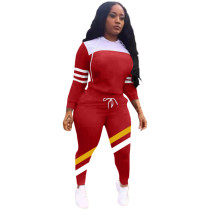 Red Collage Ribbon Tracksuits Women Two Piece Hooded Casual Set