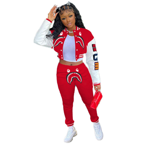Red Single-breasted Air Layer Shark Letter Printing Color Block Baseball Jacket Suits