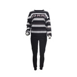Black Trendy Women Stripes Letter Printed Tommv Casual O Neck Tops Long Casual Jumpsuit 2pcs