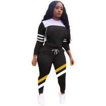 Black Collage Ribbon Tracksuits Women Two Piece Hooded Casual Set