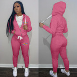 Casual Rose Drawstring Twill Women Sets Sports Printed Letter Hoodie Sweatsuit Set Tracksuit