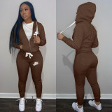 Casual Coffee Drawstring Twill Sweatsuit Women Sets Sports Printed Letter Hoodie Tracksuit Set