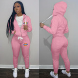 Casual Pink Drawstring Twill Women Sets Sports Printed Letter Hoodie Sweatsuit Set Tracksuit