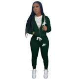 Casual Dark Green Drawstring Twill Sweatsuit Women Sets Sports Printed Letter Hoodie Tracksuit Set