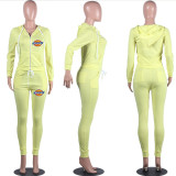 Casual Yellow Drawstring Twill Women Sets Sports Printed Letter Hoodie Sweatsuit Set Tracksuit
