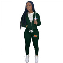 Casual Dark Green Drawstring Twill Women Sets Sports Printed Letter Hoodie Sweatsuit Set Tracksuit