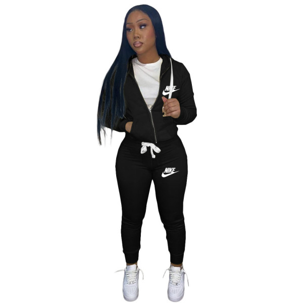 Casual Black Drawstring Twill Sweatsuit Women Sets Sports Printed Letter Hoodie Tracksuit Set