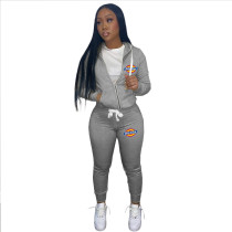 Casual Grey Drawstring Twill Women Sets Sports Printed Letter Hoodie Sweatsuit Set Tracksuit