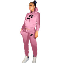 Winter Pink Drawstring Sweatshirt Sports Hoodie Women Set with Pockets