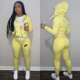 Casual Yellow Drawstring Twill Sweatsuit Women Sets Sports Printed Letter Hoodie Tracksuit Set