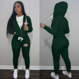 Casual Dark Green Drawstring Twill Women Sets Sports Printed Letter Hoodie Sweatsuit Set Tracksuit