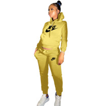 Winter Yellow Drawstring Sweatshirt Sports Hoodie Women Set with Pockets